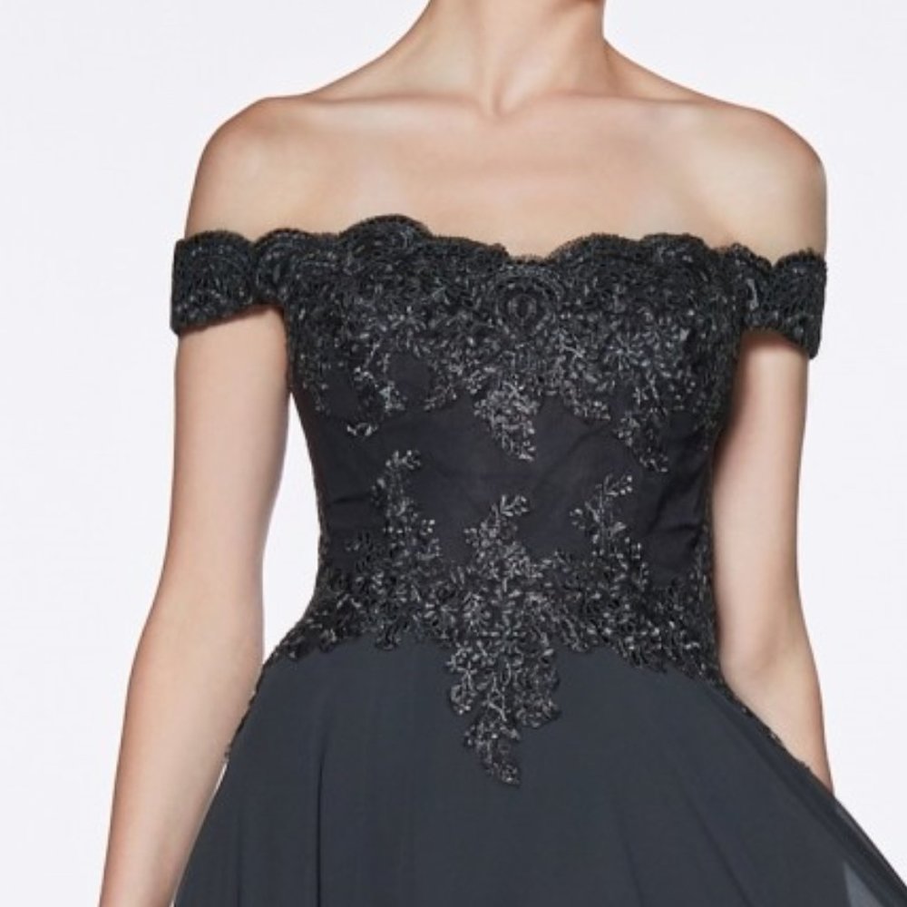 NEW BLACK A-LINE OFF THE SHOULDER LONG CHIFFON GOWN WITH SLIT ON THE SKIRT 7258 - Picture 5 of 8